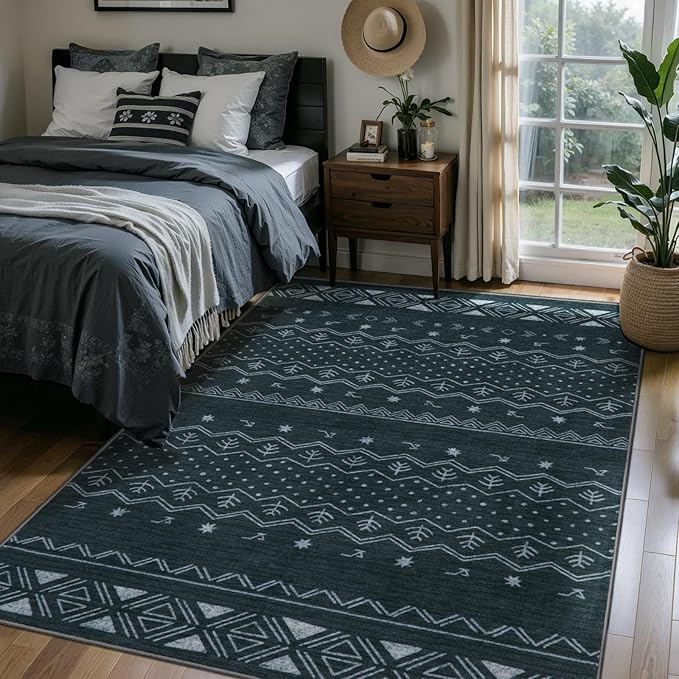 SERISSA 4x6 Area Rugs for Living Room, Washable Non-Slip Grey Boho Rug, Soft Low-Pile Geometric Indoor Carpet for Dining Room Bedroom Home Office Nursery