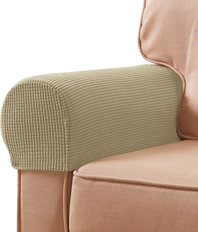 SUBRTEX Stretch Couch Arm Covers Set of 2, Checkered Sofa Arm Slipcovers, Anti-Slip Armrest Covers for Recliner and Armchairs, Pet Proof, High Stretchy, Hook & Loop Tape, Sand Yellow