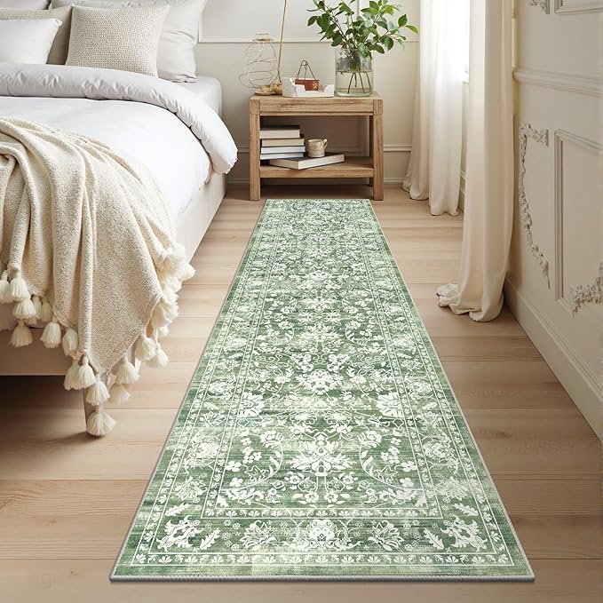 LOKHOM Washable Runner Rug, 2x8 Green Non-Slip Vintage Hallway Runner Rug with Rubber Backing, Boho Floral Soft Faux Wool Kitchen Rug Carpet Runner for Laundry Entryway Bedroom (Tender Green)