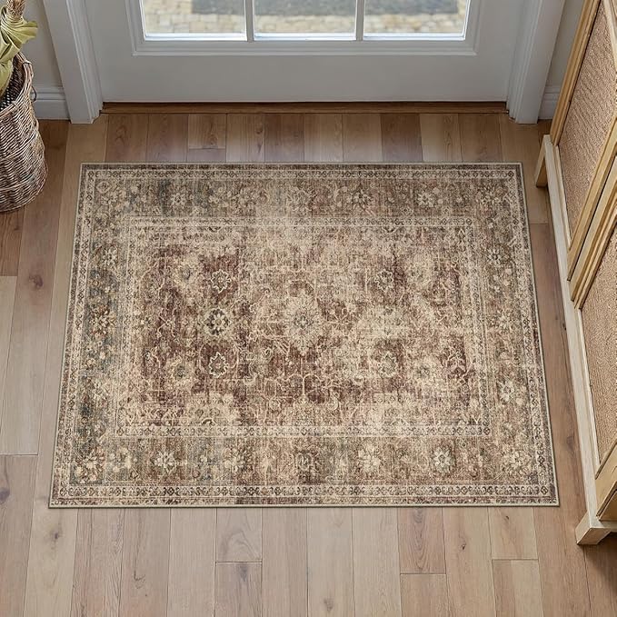 2x3 Washable Area Rug for Entryway Rust Vintage Non-Slip Low Pile Distressed Rustic Carpet Inoor Door Mat Soft Small Throw Rug for Entrance Bathroom