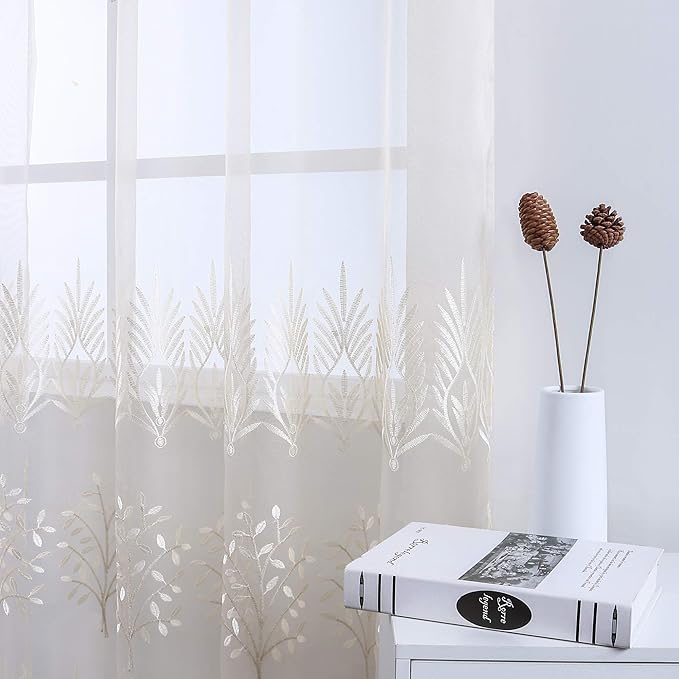 DONREN Luxury Beige Sheer Curtains for Living Room - Leaf Embroidery Sheer Curtain Panels for Bedroom (W 52 x L 96 Inch,2 Panels)