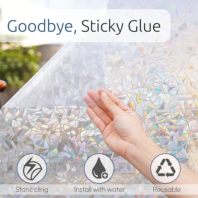 rabbitgoo Window Privacy Film Rainbow Film Decorative Window Sticker, 3D Static Stained Glass Cling Tint for Home Heat Control Non-Adhesive, 17.5 x 118.1 inches