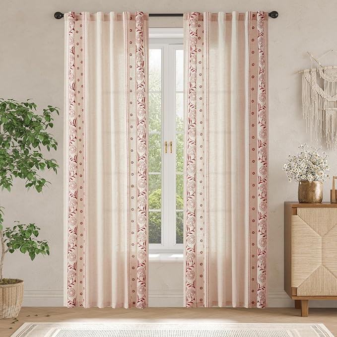 jinchan Red Floral Linen Curtains for Bedroom 84 Inches Length Holiday Curtain Embroidered Bordered Curtains for Living Room Farmhouse Decor Light Filtering Window Treatments Red on Beige 2 Panels