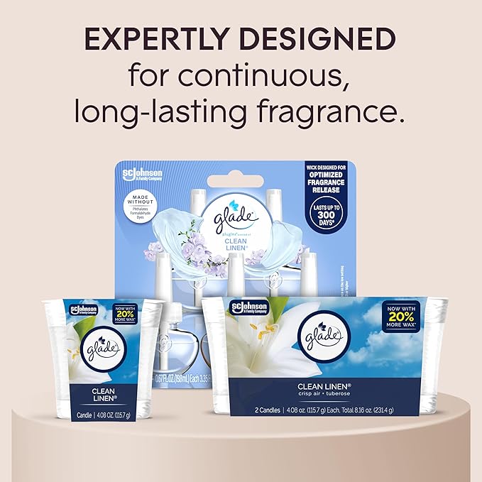 Glade 1-Wick Scented Candle Jar, Clean Linen, Air Freshener Infused with Essential Oils, 4.08 Oz, 3 Count