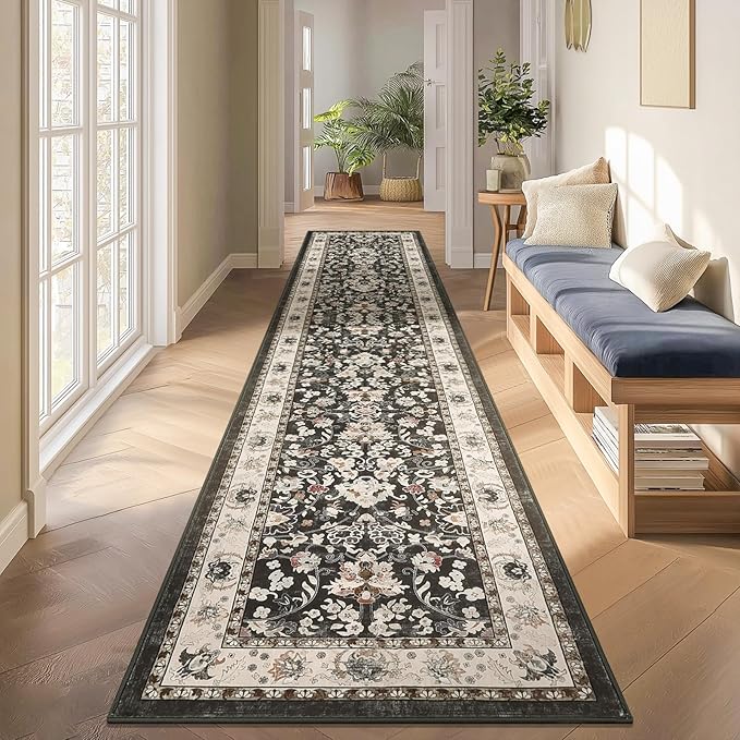 LOKHOM Washable Runner Rug, 2x10 Non-Slip Vintage Farmhouse Hallway Runner Rug with Rubber Backing, Boho Soft Faux Wool Kitchen Rug Carpet Runner for Kitchen Laundry Entryway Bedroom (Black)
