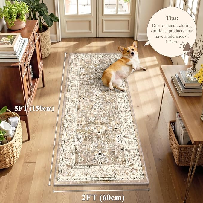 LOKHOM Washable Runner Rug, 2x5 Non-Slip Vintage Hallway Runner Rug with Rubber Backing, Boho Floral Soft Kitchen Rug Distressed Carpet Runner for Kitchen Laundry Entryway (Beige Brown)