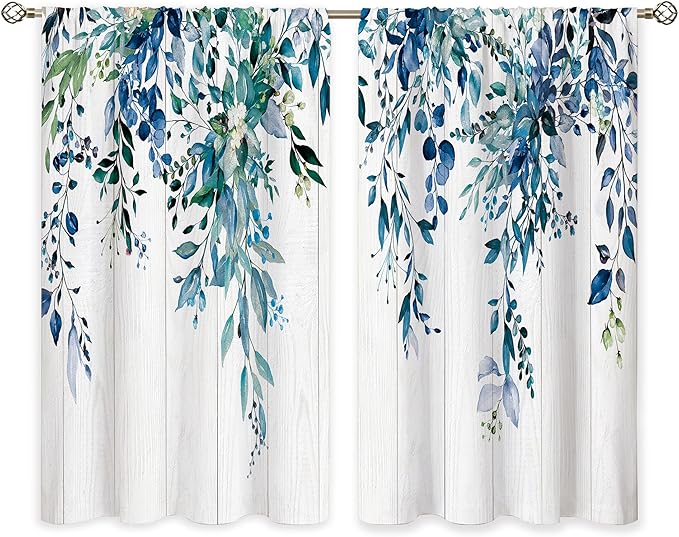 Wooden Navy Blue Eucalyptus Botanical Leaves Floral Window Curtains Boho Rustic Farmhouse Flower Plant Leaf Rod Pocket Curtain Drapes Curtains for Bedroom Living Room Treatment 42Wx45H Inch