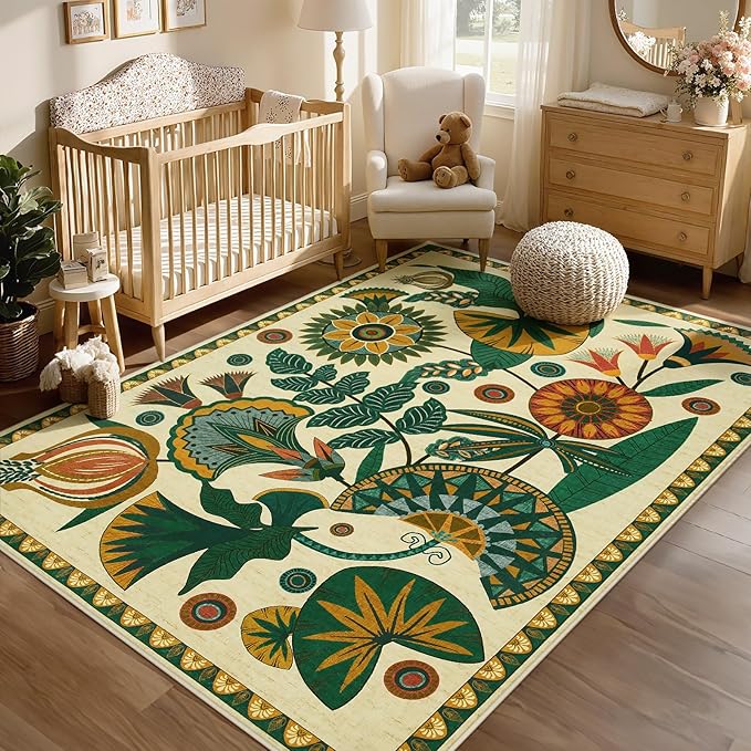Joydeco Egypt Floral Boho 5x7 Area Rugs for Living Room, Washable Beige Area Rug for Bedroom Playroom Non Slip, Vintage Soft Indoor Carpet for Nursery Dining Room Entryway Bathroom