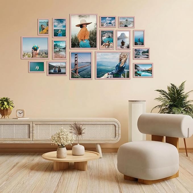 Giftgarden 16 Pack Picture Frames for Multi Sizes Photos, Assorted Frame Set Including 2pcs 11x14, 2pcs 8x10, 6pcs 5x7, 6pcs 4x6, Gallery Collage Frame for Wall or Tabletop Display, Pink