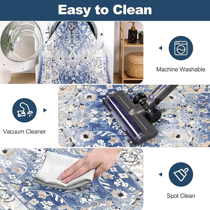 LOKHOM Washable Runner Rug, 2x8 Non-Slip Vintage Hallway Runner Rug with Rubber Backing, Boho Floral Soft Faux Wool Kitchen Rug Carpet Runner for Laundry Entryway Bedroom (Sky Blue)