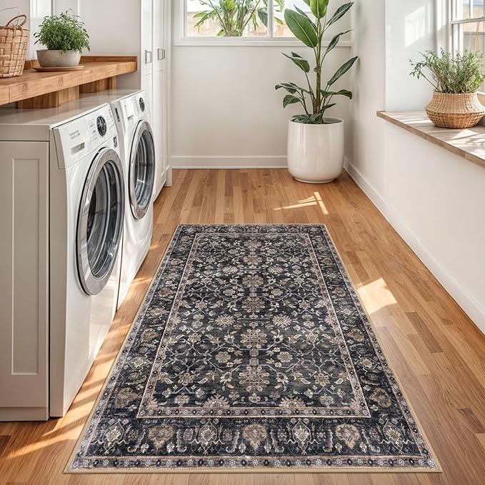KUTA 3x5 Rugs for Entryway, Vintage Floral Area Rug Washable Non-Slip Brown Ultra Thin Soft Printed Distressed Entry Low-Pile Throw Carpet for Bedroom Nursery Living Room