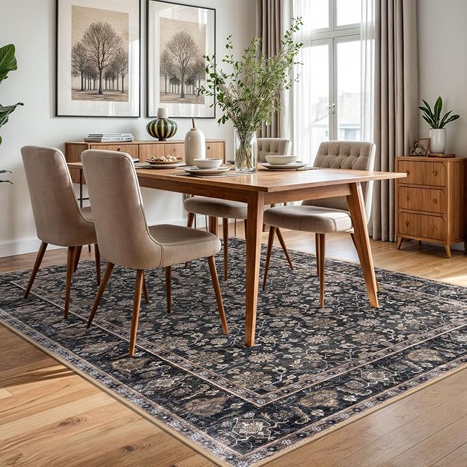 KUTA 5x7 Area Rugs, Vintage Washable Rugs for Living Room Brown Ultra Thin Soft Non-Slip Printed Distressed Traditional Farmhouse Carpet for Bedroom Dining Room Dorm Office Home