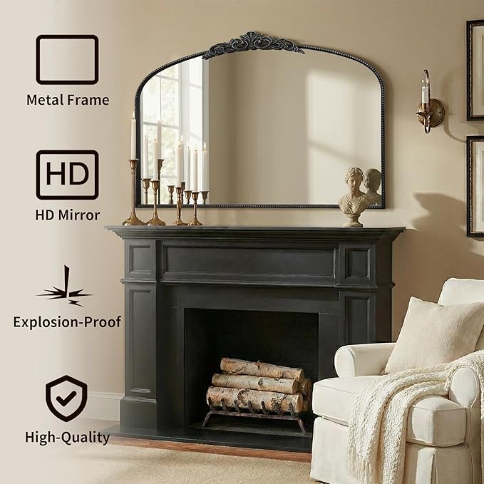 Micasso Large Vintage Black Mirror: 48"x 33" French Baroque Antique Mirror - Traditional Ornate Decorative Wall Mounted Arched Mirrors for Wall/Fireplace/Entryway/Hallway - Home Decor for Living Room