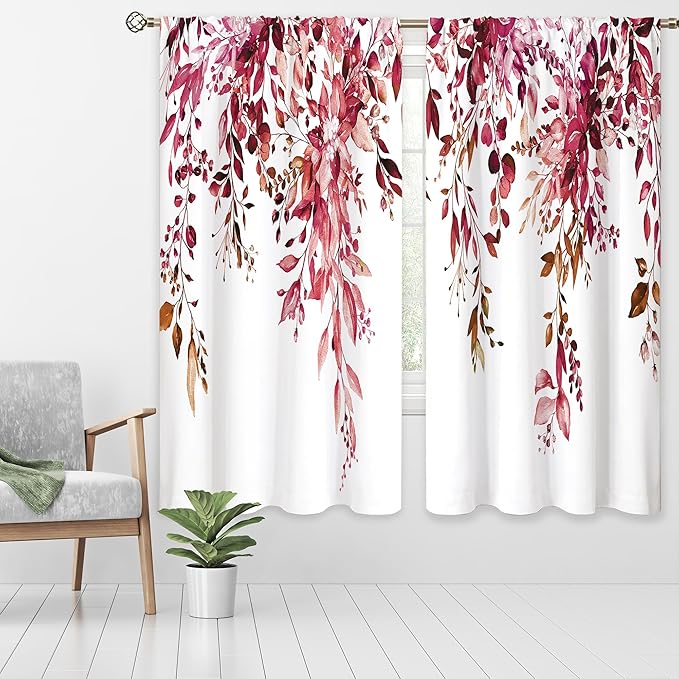 Burgundy Eucalyptus Leaves Window Curtains Rustic Watercolor Red Flower Floral Plant Botanical Farmhouse Curtain Drapes Herb Curtains for Bedroom Living Room Treatment 2 Panels 42Wx63H Inch