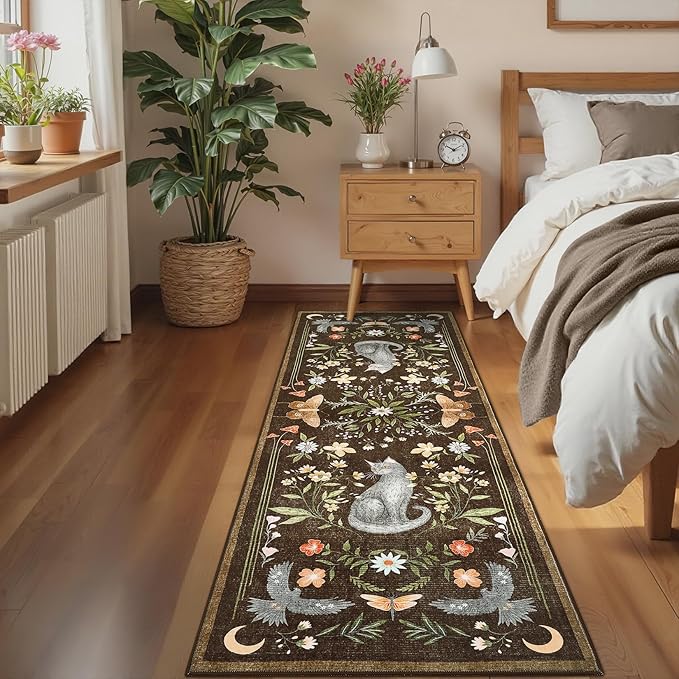 GarveeHome 2.5x8 Cat Washable Runner Rug for Hallway, Soft Brown Long Kitchen Runner Non Slip Mushroom Insect Entryway Rug Floral Laundry Mat Stain Resistant Carpet for Bathroom Beside Rug