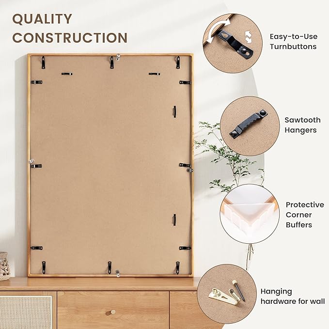24x30 Poster Frame, USA-Sourced Cherry Wood Picture Frame with HD Tempered Glass, Handcrafted Rounded Corner 24 x 30 Wooden Frames Matted to 18x24 Photos, Horizontal or Vertical Wall Display