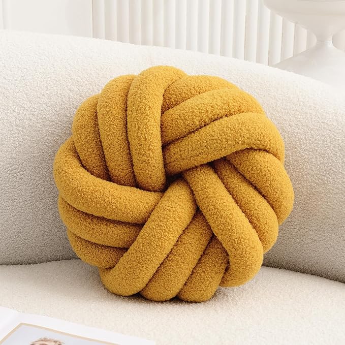 Yellow Knot Pillow 13.7'' Round Throw Pillow Soft Plush Knot Ball Pillow Handmade Knotted Pillow Modern Home Decorative Knotted Pillow Cushion for Bed Bedroom, Sofa, Couch