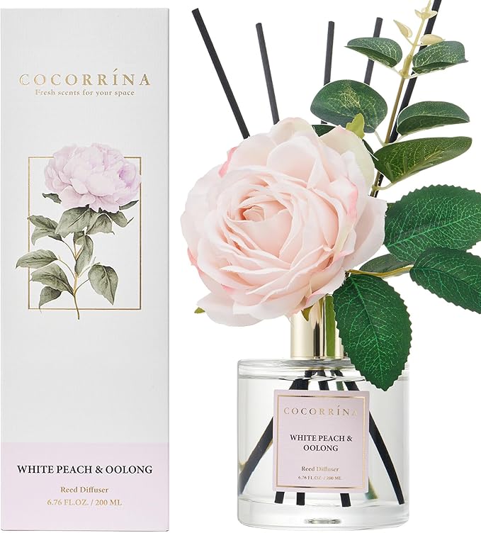 Cocorr??na Flower Reed Diffuser - White Peach& Oolong 6.7oz Scented Diffuser with Sticks Home Fragrance Essential Oil for Bathroom Shelf Decor (Artificial Flower)