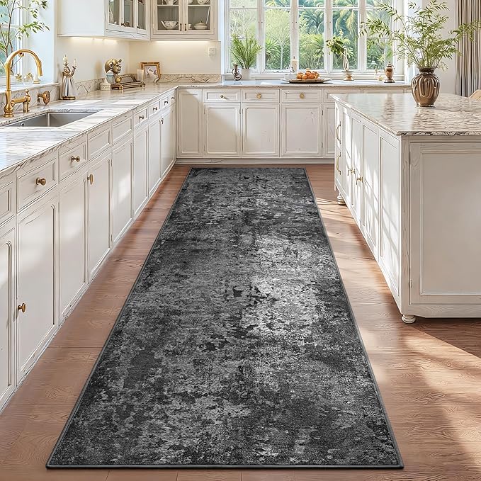 2.6x12 Black Rug Runners for Hallways Kitchen Runner Rug Non Slip Washable Black Long Runner Rugs with Rubber Backing Soft Abstract Carpet Runner for Bedroom, Kitchen, Bathroom, Entryway