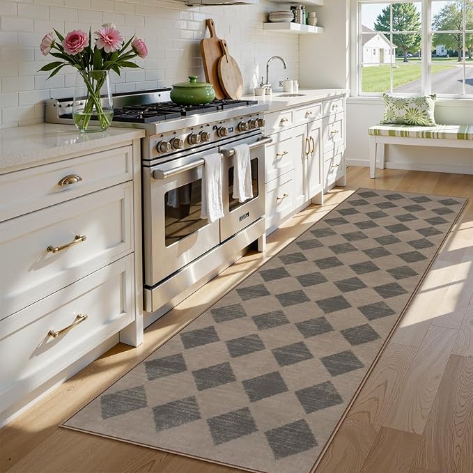 Lahome Zelie Checkered Washable 2x8 Brown Runners for Hallways Non Slip, Ultra-Thin Kitchen Bathroom Runner Rugs, Moroccan Trellis Throw Carpet Runner for Bedroom Entryway Decor (2'x8',Brown)