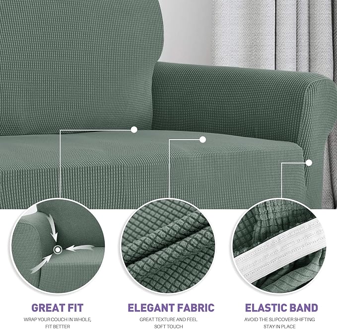 ZNSAYOTX Super Stretch Couch Cover Love Seat Sofa Covers for Living Room Dogs Pet Friendly Furniture Protector Spandex Loveseat Slipcovers with Anti Slip Foam Sticks (Pea Green, Loveseat)
