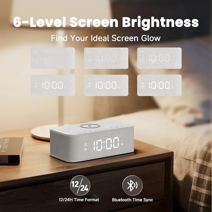 Digital Alarm Clock White Noise, Loud Digital Alarm Clocks Bedrooms, Alarm Clock Speaker Wireless Charger AUX USB Bluetooth Speaker 12/24H Dual Alarm Snooze Adjustable Brightness, White - Image 7