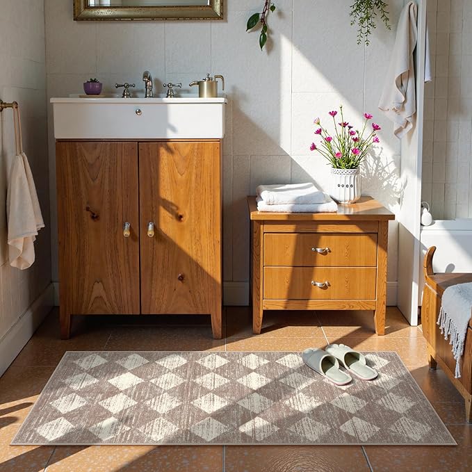 Lahome Zelie Machine Washable Bathroom Rugs Runner, 2x5 Non Slip Entryway Rugs Indoor Kitchen Runner Rug, Moroccan Trellis Non Skid Carpet Runners for Bedside Entrance Laundry Room, Beige