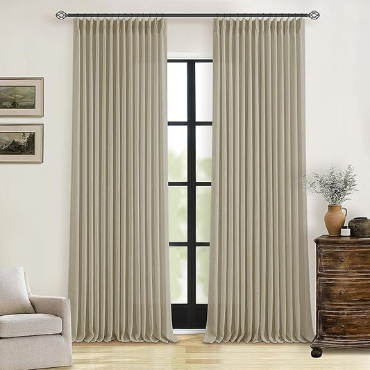 Farmhouse Pleated Linen Khaki Curtains 102 Inches Long 2 Panels Set for Living Room Bedroom Rustic Boho Cotton Linen Oatmeal Back Tab Memory Shape Pinch Pleat Ceiling Floor 102 Inch Window Curtain