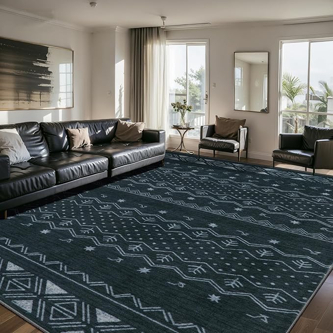 SERISSA 8x10 Area Rugs for Living Room, Washable Non-Slip Grey Boho Rug, Soft Low-Pile Geometric Indoor Large Carpet for Dining Room Bedroom Home Office Playroom