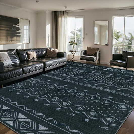 SERISSA 8x10 Area Rugs for Living Room, Washable Non-Slip Grey Boho Rug, Soft Low-Pile Geometric Indoor Large Carpet for Dining Room Bedroom Home Office Playroom