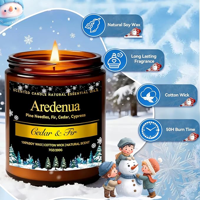 Cedar & Fir Scented Candle | 7oz Soy Candles for Home Scented with 50H Burn - Evergreen Pine Candle for Home | Aromatherapy Gifts for Women Men
