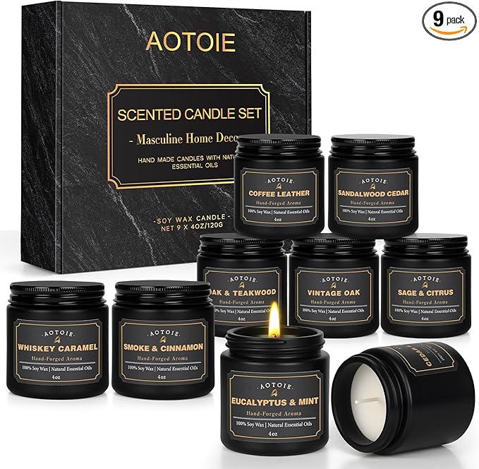 Mens Scented Candle Gift Set, 9 Pack Candles for Men, 36 oz Soy Candle, 200+ Hours Burn Time, Aromatherapy Gifts for Dad, Boyfriend, Husband for Christmas, Valentines Day, Father’s Day, Birthday