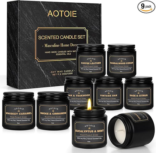 Mens Scented Candle Gift Set, 9 Pack Candles for Men, 36 oz Soy Candle, 200+ Hours Burn Time, Aromatherapy Gifts for Dad, Boyfriend, Husband for Christmas, Valentines Day, Father’s Day, Birthday