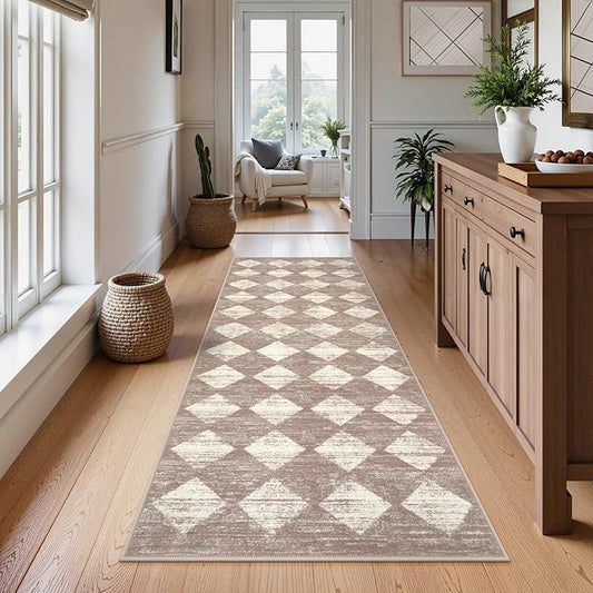Lahome Zelie Moroccan Treills 2x8 Washable Hallway Runner Rug, Non Slip Bathroom Kitchen Carpet Runners, Checkered Modern Soft Runner for Entryway Living Room, Beige