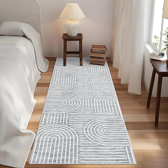 ROYHOME Modern Rug 2.5x8 Runners for Hallways, Abstract Kitchen Runner Rugs Non Slip Bath Runners, Rainbow Washable Runner Rug for Bedroom, Soft Long Rugs for Entryway Bathroom Laundry Dorm, Ash
