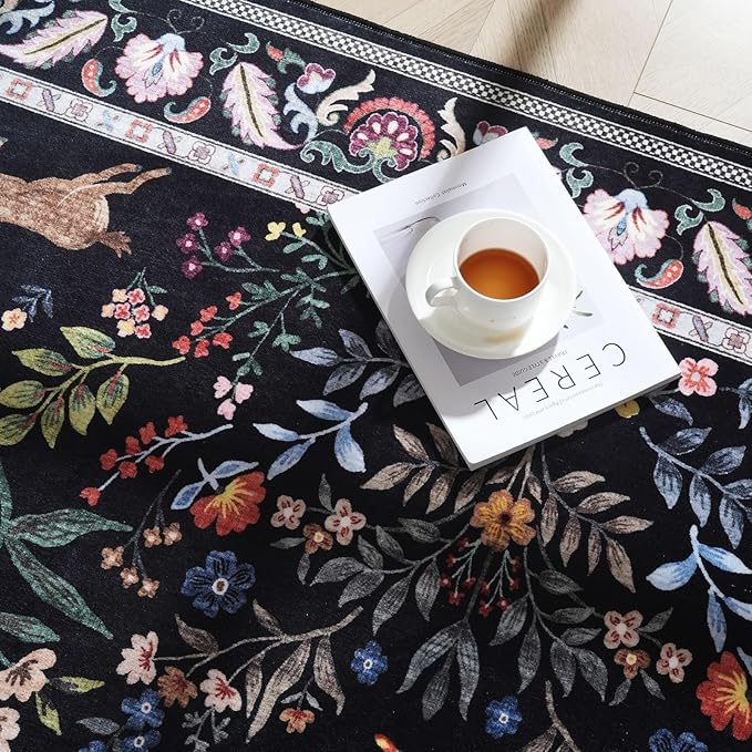 Rugcomf 2x5 Runner Rug - Floral Machine Washable Kitchen Rug, Non-Slip Low Pile Boho Carpet for Hallways, Laundry, Entryway, Bedroom, Bathroom - Vibrant Black