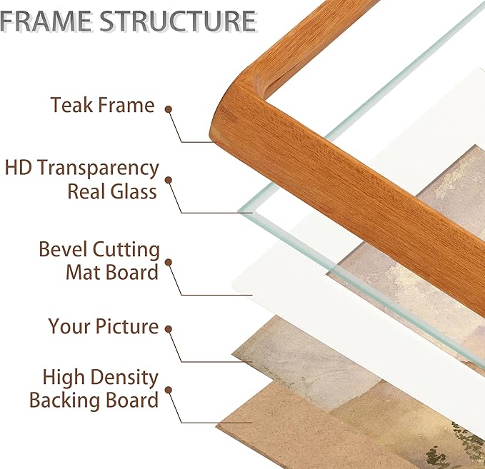 Square 12x12 Picture Frame with Mat for 8x8/10x10, Natural Teak Wood Handcrafted Rounded Corner with Real Glass, Vertical or Horizontal Display Photo Gallery Wall Mounting Frame