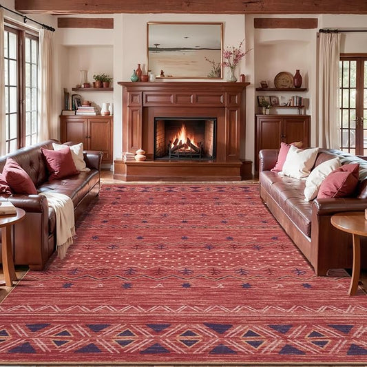 SERISSA 9x12 Area Rugs for Living Room, Washable Non-Slip Red 0chre Boho Rug, Soft Low-Pile Geometric Indoor Large Carpet for Dining Room Bedroom Home Office Playroom