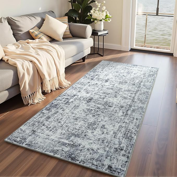 HOMORE Hallway Runner Rugs 2x6 Gray Rug for Bedroom, Washable Abstract Kitchen Rug Non Slip Rugs for Kids Nursery Room Vintage Carpet for Dorm Entryway