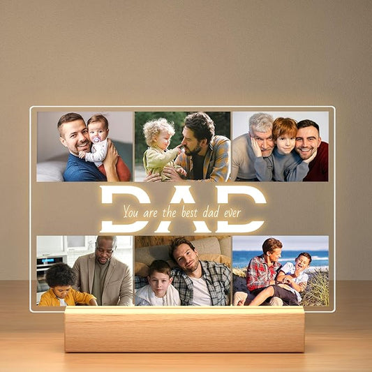 Personalized Gifts for Dad from Daughter Son, Custom Picture Frames with Photo, Customized Photo Frame with Night Light, Personalized Dad Birthday Gifts for Dad Baby Kids Family