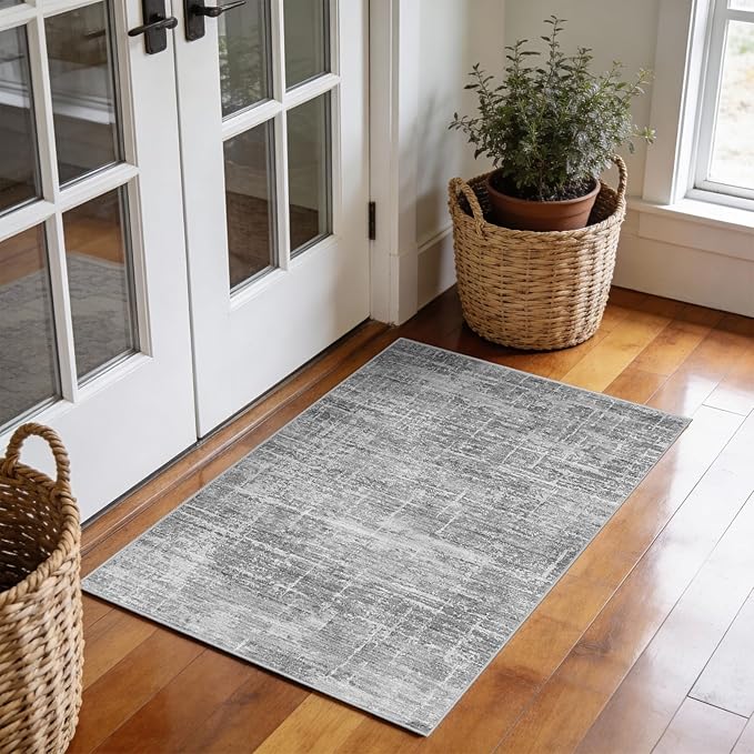 2x3 Washable Area Rug for Entryway - Small Abstract Neutral Kitchen Rug with Anti-Skid Rubber Backing Soft Low Pile Thin Carpet for Bedroom Bathroom Pet Feeding Zone (2x3, Gray)