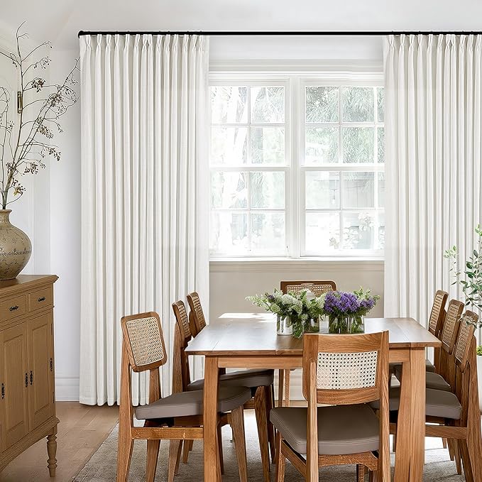 Pinch Pleated Linen Curtains 96 Inches Long for Living Room Bedroom Light Filtering Boho Window Drape 96 inch 2 Panels with Hooks Rings 8ft Cream Beige White Sliding Glass Door Semi Sheer Curtain