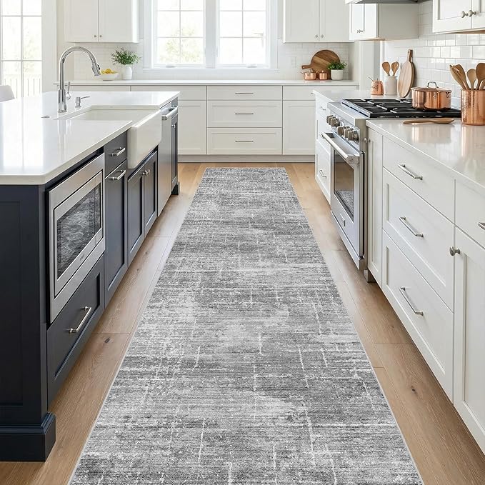 2x12 Washable Hallway Runner Rug - Modern Abstract Neutral Long Carpet with Non-Slip Backing Low-Pile Stain-Resistant Thin Runners for Kitchen Bathroom Bedroom Entryway (2x12, Gray)