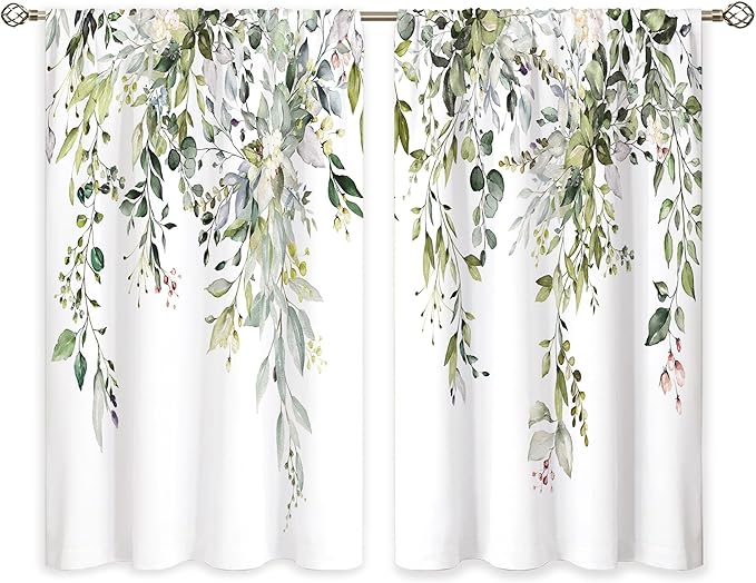 Eucalyptus Botanical Leaves Floral Kitchen Window Curtains Over Sink Farmhouse Flower Leaf Small Window Treatment Sage Green Cafe Short Curtains for Bathroom Treatment Tier Drapes 26x30 inch