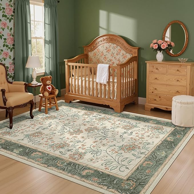 GarveeHome 5x7 Area Rug Sage Green Washable Rugs for Living Room Bedroom, Soft Low Pile Non Slip French Country Floor Mat Botanical Floral Print Throw Rug Indoor Carpet Dining Room Playroom