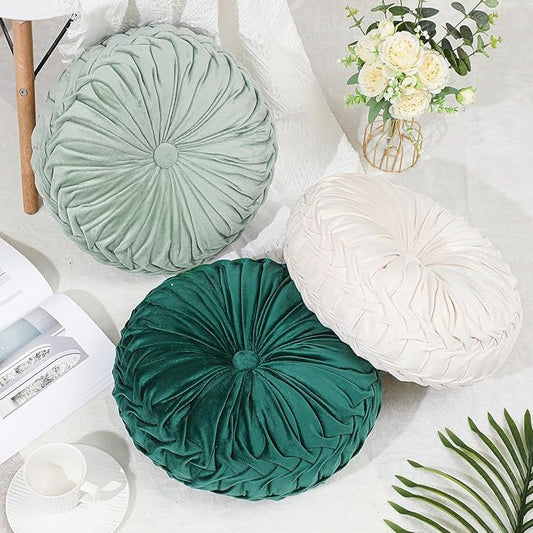 Drydiet 3 Pcs Round Throw Velvet Pillows Decorative Pleated Throw Pillows 15'' Diameter Accent Pumpkin Boho Chair Cushion for Couch Sofa Home Decoration (White,Light Green,Green)