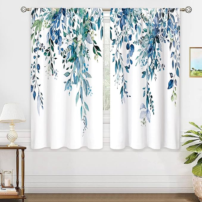 Teal Eucalyptus Botanical Leaves Floral Window Curtains Blue Watercolor Turquoise Flower Plant Wildflower Farmhouse Curtain Drapes Herb Curtains for Bedroom Living Room Treatment 29Wx63H Inch