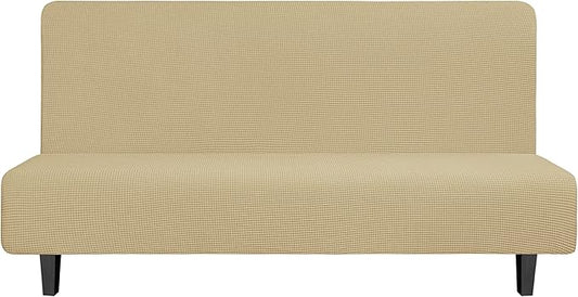 Easy-Going Stretch Futon Slipcover Armless Futon Bed Cover Furniture Protector Without Armrests with Elastic Bottom for Kids, Soft Jacquard Fabric Small Checks (Large, Beige)