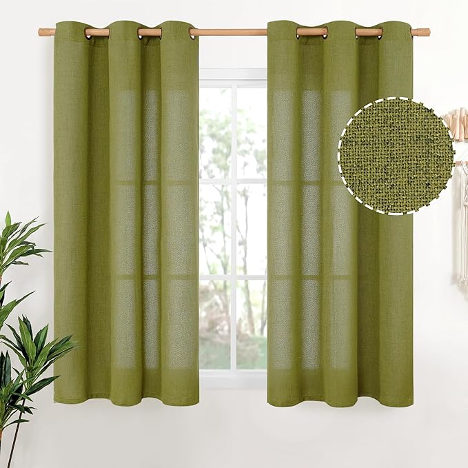 YoungsTex Green Linen Curtains 40 Inches Length - Short Drapes Privacy Light Filtering with Bronze Grommet for Kitchen Bathroom Window Decorative Privacy, 42 x 40 Inch, 2 Panels