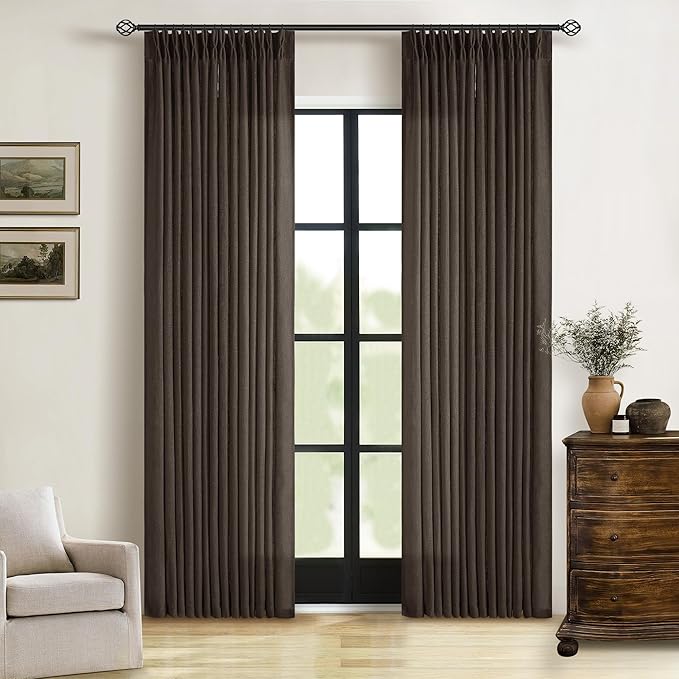 TWODRAPES Dark Chocolate 80 Inch Pinch Pleated Linen Curtains 2 Panels for Living Room Bedroom Memory Training Shaped Semi Sheer Pleat Drapes with Hooks Rings Light Filtering Window Curtain 40x80